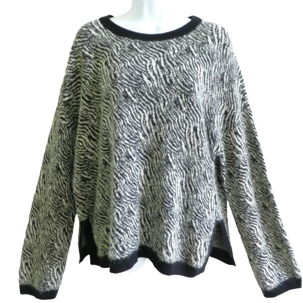 Alpaca Silk Cashmere Blend Nordstrom Animal Sweater Ribbed Knit Black Trim L